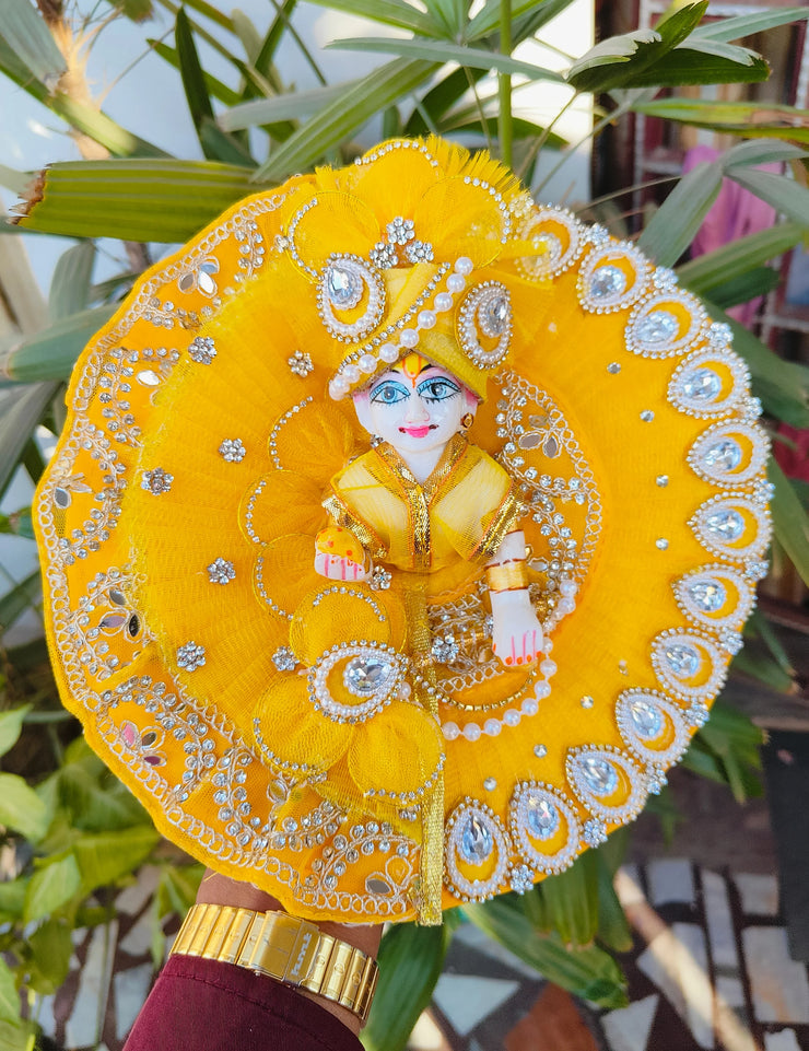 Yellow lace janmashtami special heavy dress for laddu gopal ji with pagdi and choli