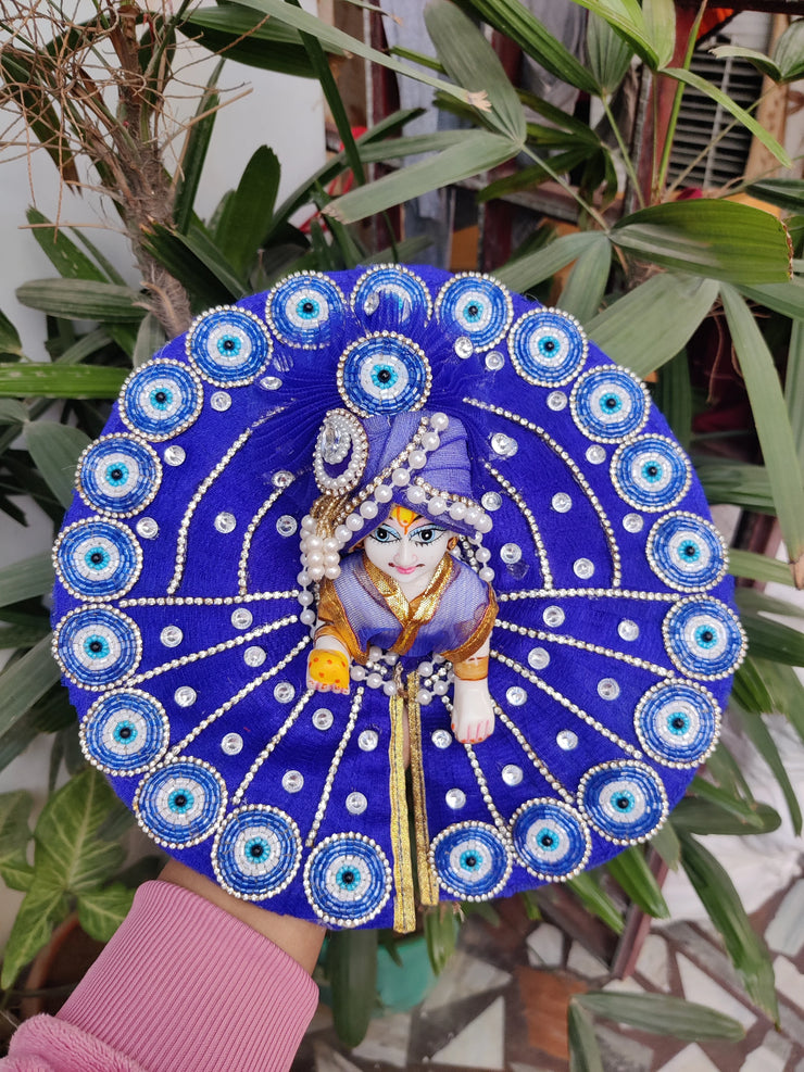 Blue round patch design heavy dress for laddu gopal ji with pagdi and choli