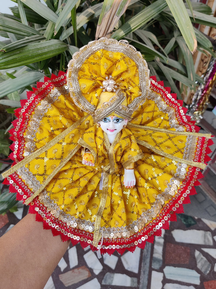 Fancy dress for laddu gopal ji in yellow color with patka and pagadi