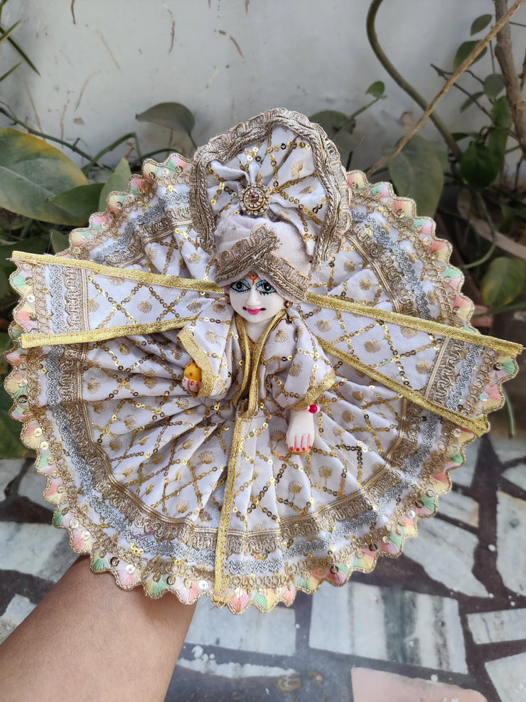 Fancy dress for laddu gopal ji in white color with patka and pagadi