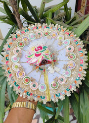 White color cute multi lace dress for laddu gopal with pagdi and choli