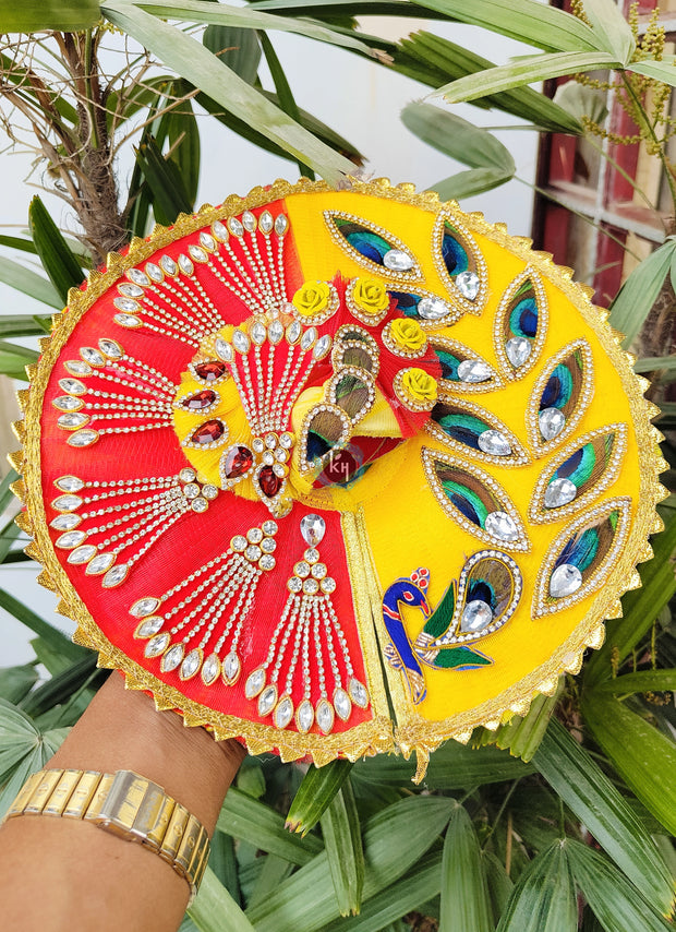 Red yellow half half combination dress for laddu gopal with pagdi and choli