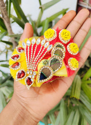 Red yellow half half combination dress for laddu gopal with pagdi and choli