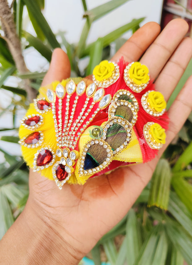 Red yellow half half combination dress for laddu gopal with pagdi and choli