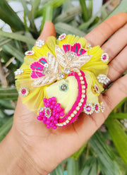 Festival special lemon and rani color combination dress for laddu gopal ji with pagdi and choli