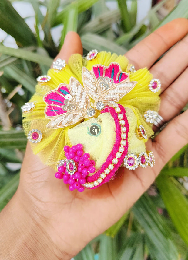 Festival special lemon and rani color combination dress for laddu gopal ji with pagdi and choli