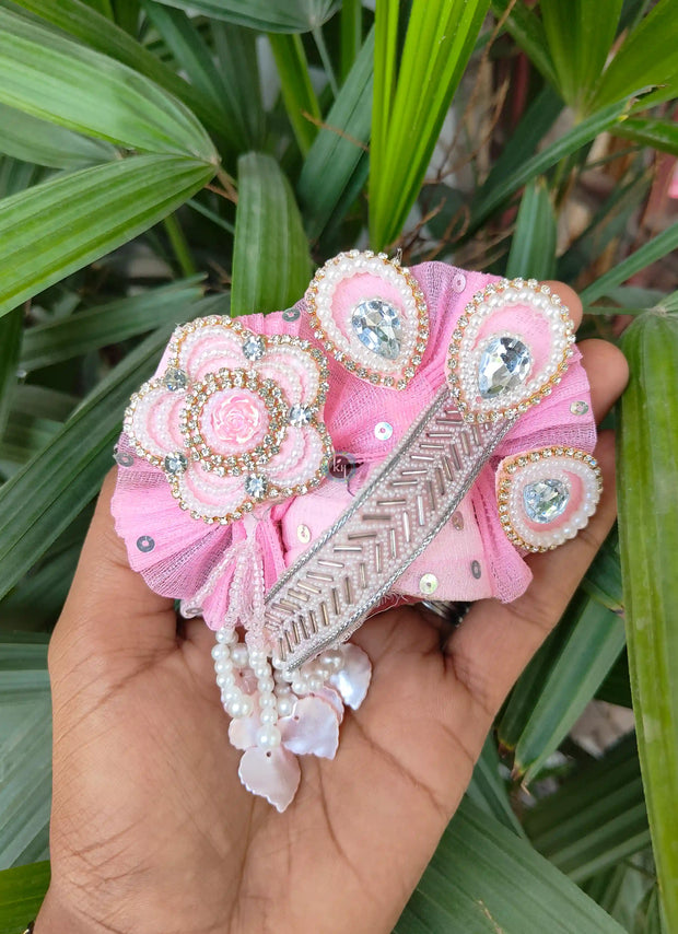 Kolkata cute pink heavy dress for laddu gopal ji with pagdi choli and patka