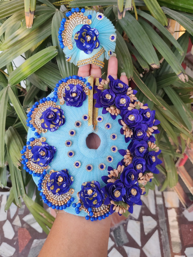 Blue haar flowers heavy laddu gopal dress with pagdi - Bell bottom