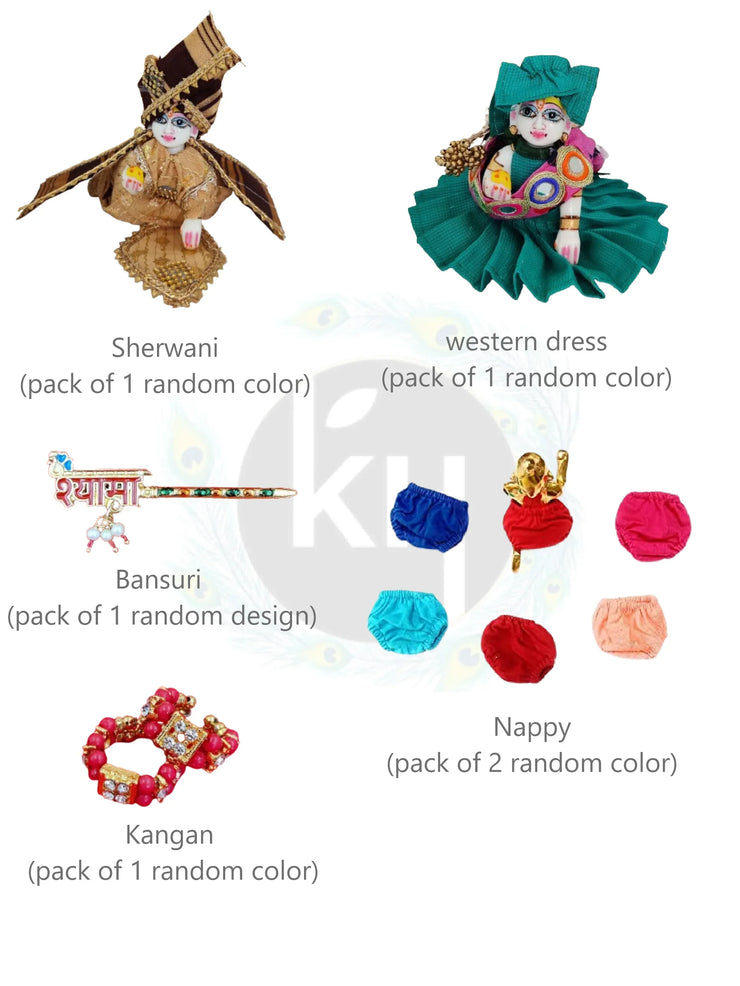 Laddu gopal sherwani, western dress, bansuri, kangan & nappy combo - Bell bottom