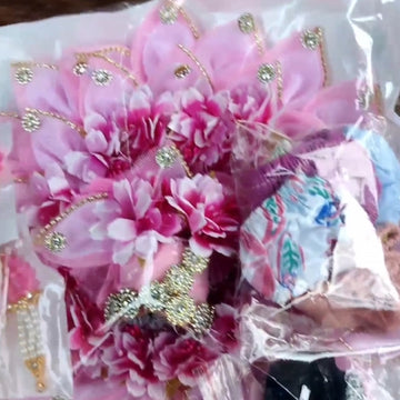 Laddu gopal diwali special baby pink flower dress, bansuri, kangan, nappy, hair and kalangi combo - Bell bottom