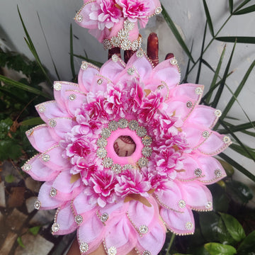 Diwali special baby pink flower laddu gopal dress with pagdi and choli - Bell bottom