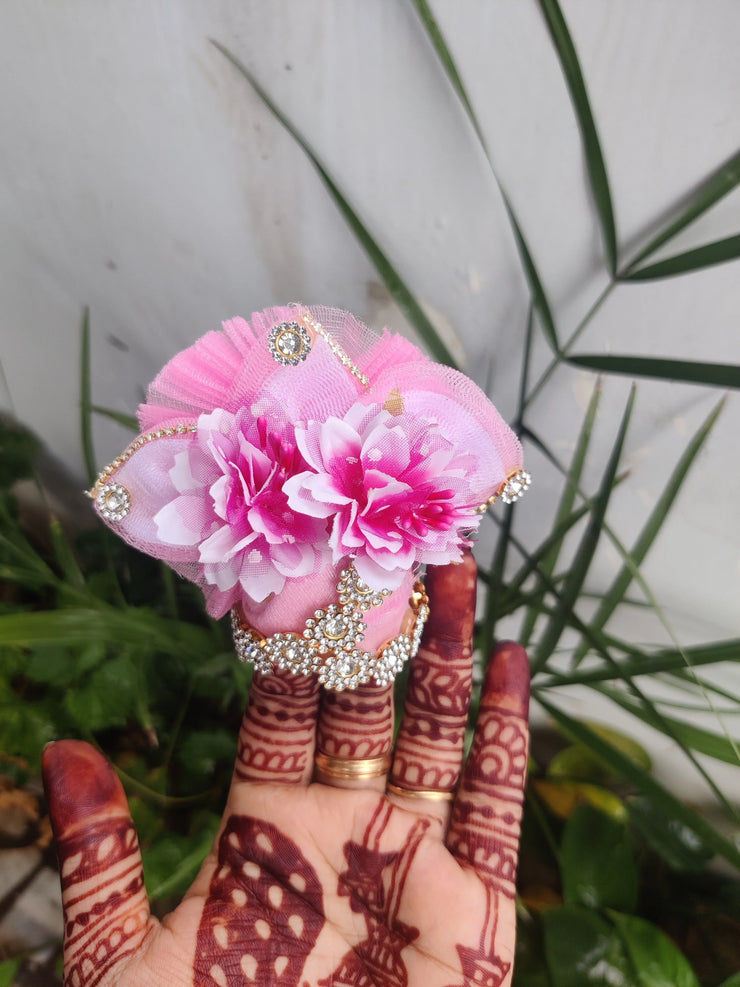 Diwali special baby pink flower laddu gopal dress with pagdi and choli - Bell bottom