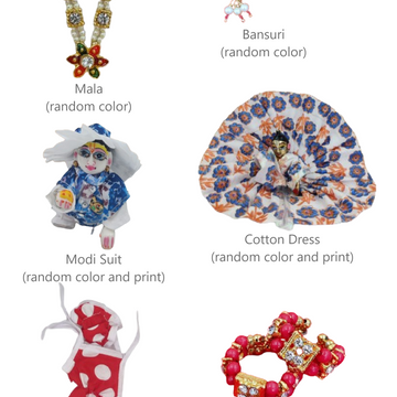 Mala, Bansuri, Dangri Suit, Modi suit, Cotton dress & Kangan Combo for laddu gopal ji - Bell bottom