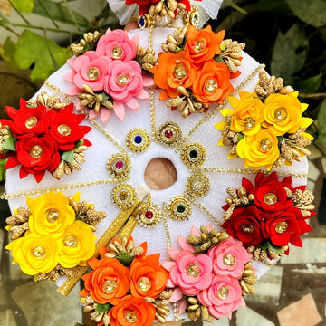 multi flowers heavy laddu gopal dress with pagdi - Bell bottom