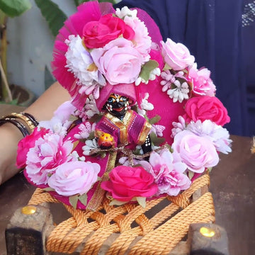 Pink flowers heavy laddu gopal dress with pagdi and wooden manja Combo - Bell bottom