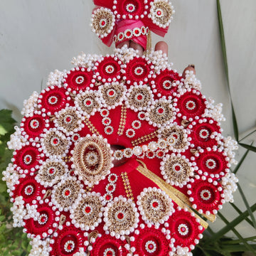 Red heavy croche laddu gopal dress with pagdi and bansuri - Bell bottom