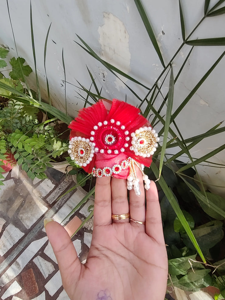 Red heavy croche laddu gopal dress with pagdi and bansuri - Bell bottom