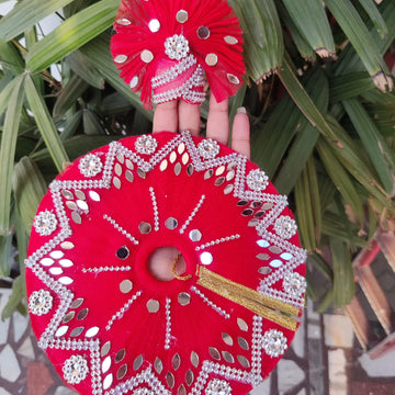 Red mirror heavy laddu gopal dress with pagdi - Bell bottom
