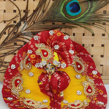 Red yellow bandhej heavy laddu gopal dress with pagdi and patka - Bell bottom