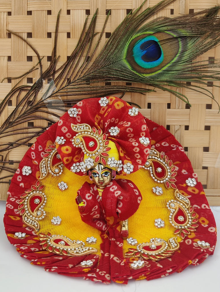 Red yellow bandhej heavy laddu gopal dress with pagdi and patka