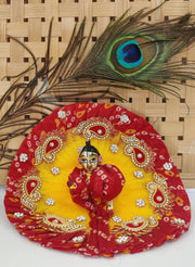 Red yellow bandhej heavy laddu gopal dress with pagdi and patka - Bell bottom