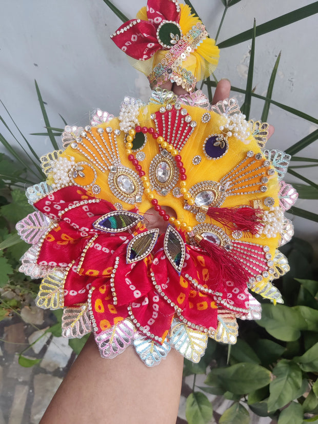 Red yellow heavy bhandej patti with pagadi and patka janmashtami special laddu gopal dress - Bell bottom