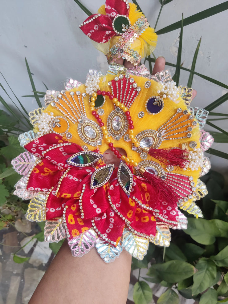 Red yellow heavy bhandej patti with pagadi and patka janmashtami special laddu gopal dress - Bell bottom