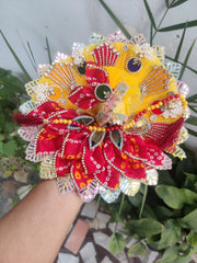 Red yellow heavy bhandej patti with pagadi and patka janmashtami special laddu gopal dress - Bell bottom