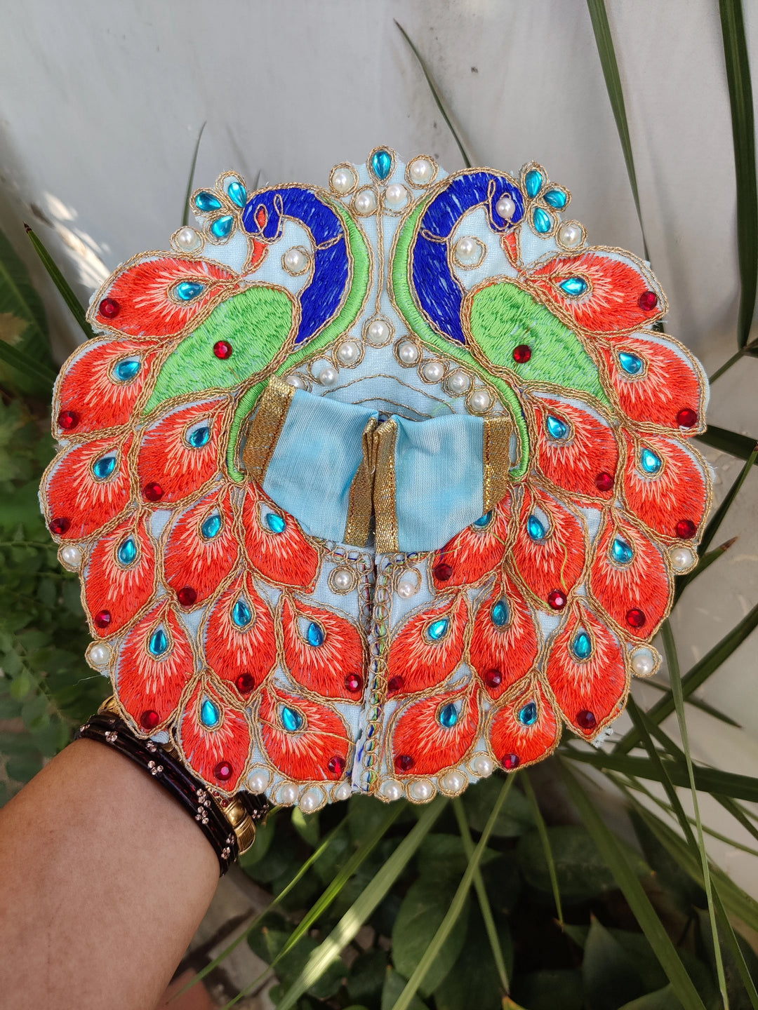 white christmas dresses Sky Blue Laddu Gopal Dress and Matching Pagdi with Peacock Design main image 1