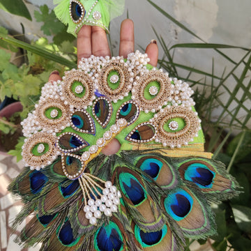 Green mor pankh heavy laddu gopal dress with pagdi and basuri - Bell bottom