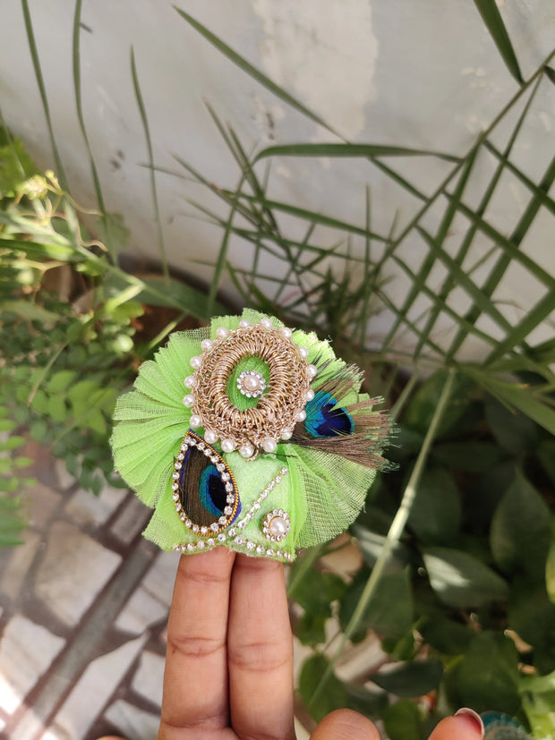 Green mor pankh heavy laddu gopal dress with pagdi and basuri - Bell bottom