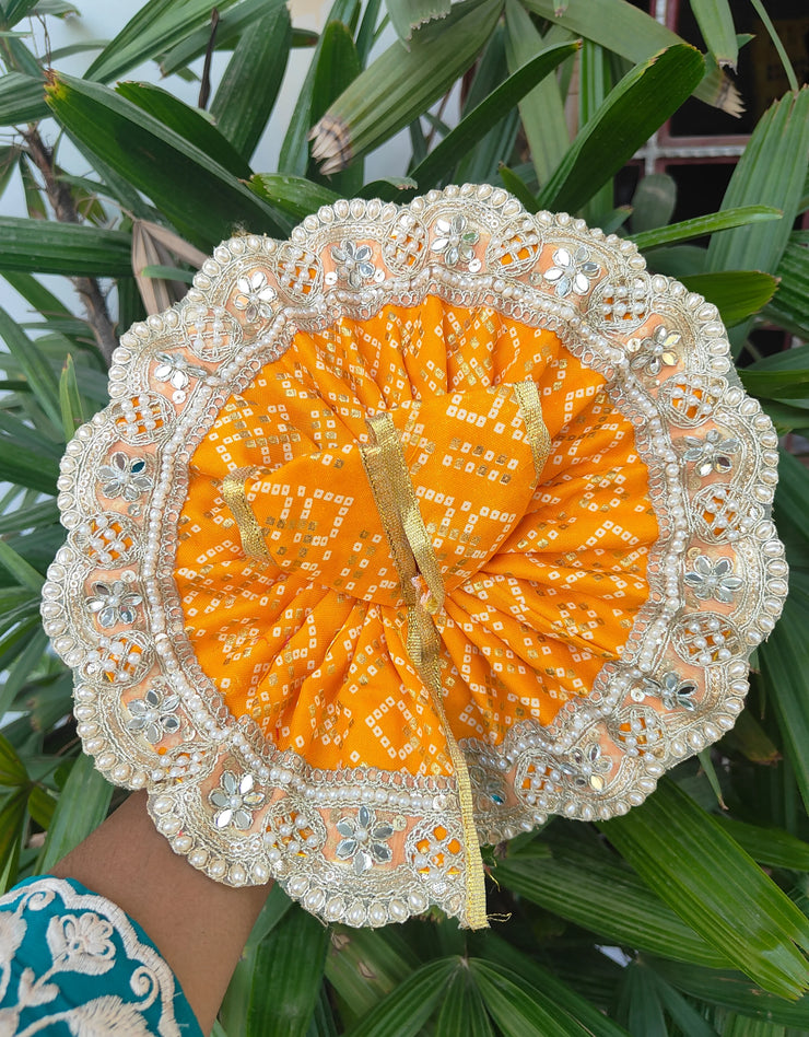 Heavy yellow color bhandej dress for laddu gopal ji with pagdi