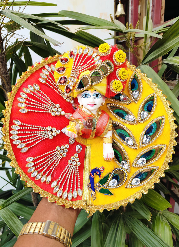 Red yellow half half combination dress for laddu gopal with pagdi and choli