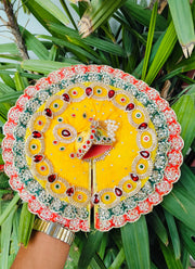 Festive special Yellow heavy dress with red and green lace combination with pagdi and choli