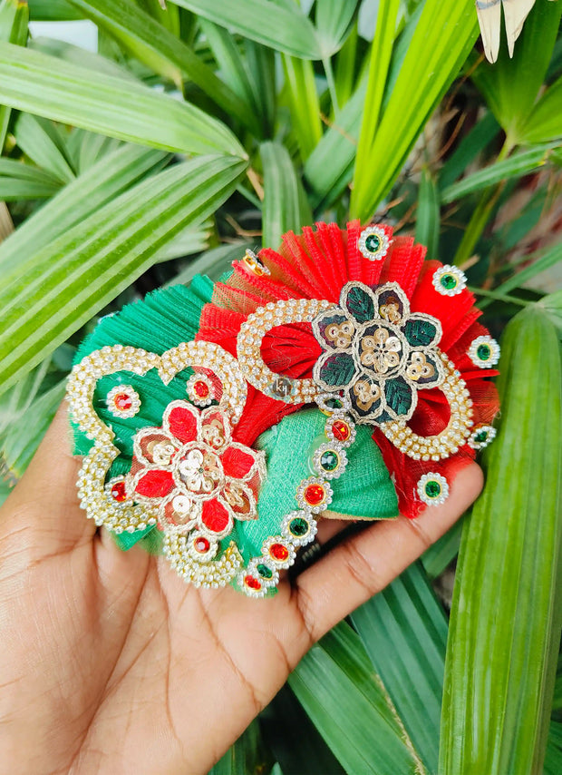 Red and green teej special dress for laddu gopal with pagdi and choli