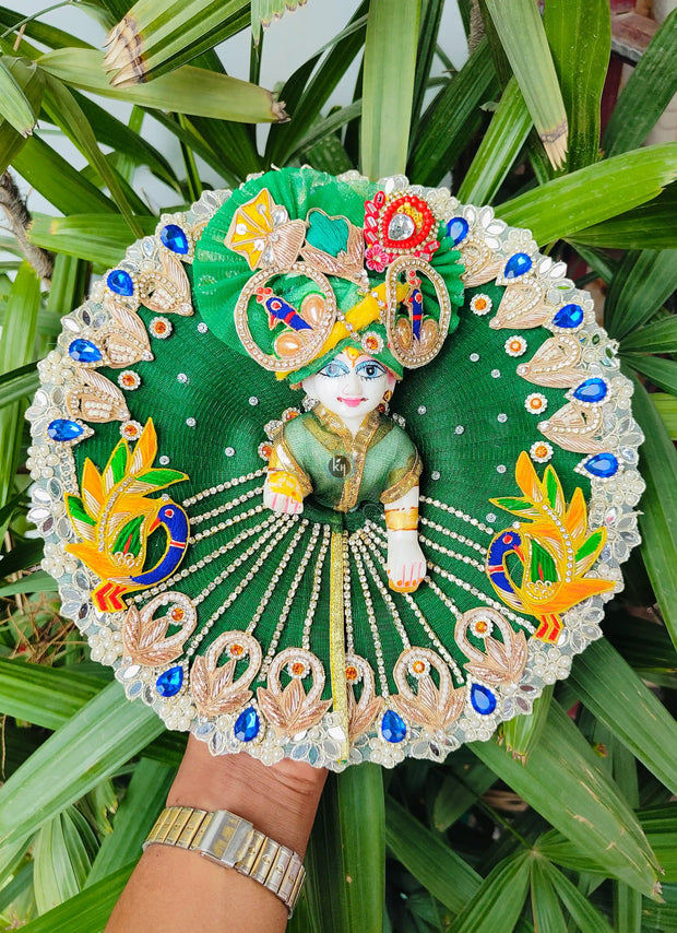 Janmashtami special green color heavy mor patch chain dress for laddu gopal with pagdi and choli