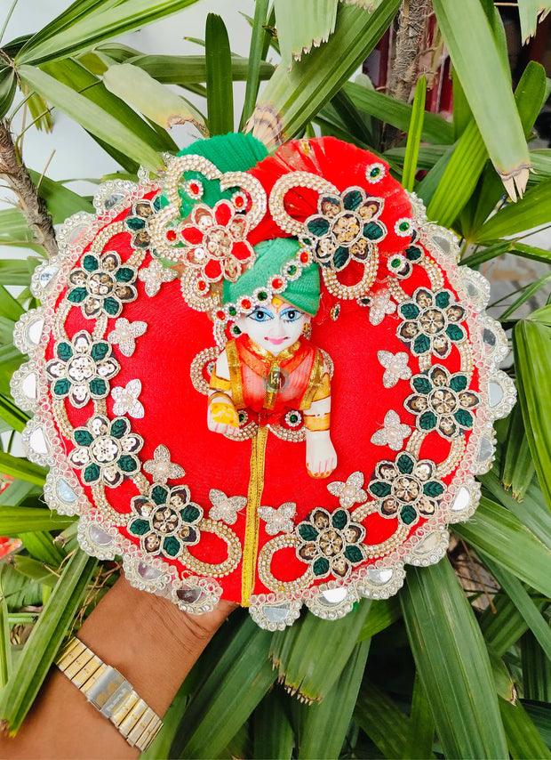 Red and green teej special dress for laddu gopal with pagdi and choli