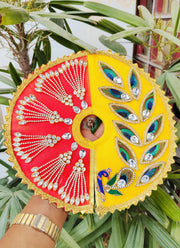 Red yellow half half combination dress for laddu gopal with pagdi and choli