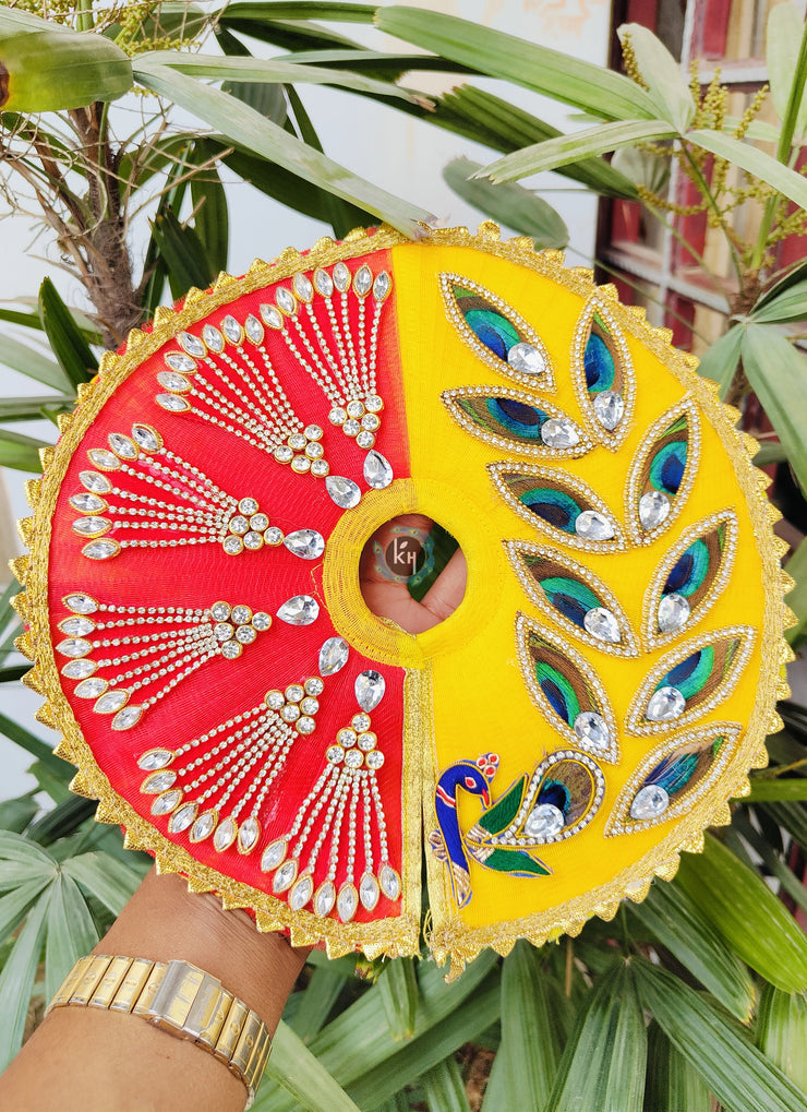 Red yellow half half combination dress for laddu gopal with pagdi and choli