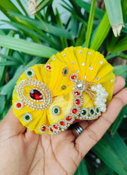 Festive special Yellow heavy dress with red and green lace combination with pagdi and choli