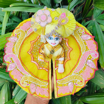 Kolkata handwork yellow heavy dress for laddu gopal ji with pagdi choli and patka