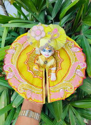 Kolkata handwork yellow heavy dress for laddu gopal ji with pagdi choli and patka