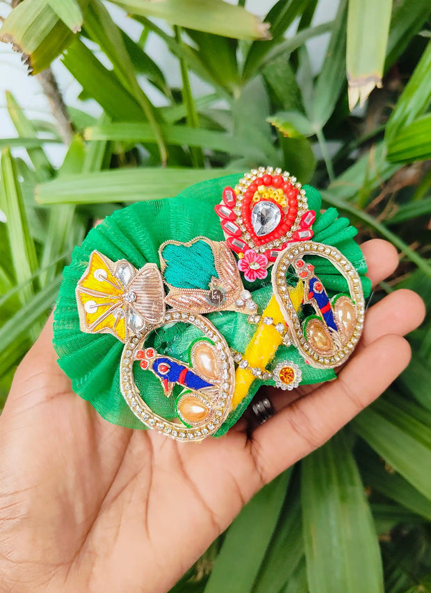 Janmashtami special green color heavy mor patch chain dress for laddu gopal with pagdi and choli