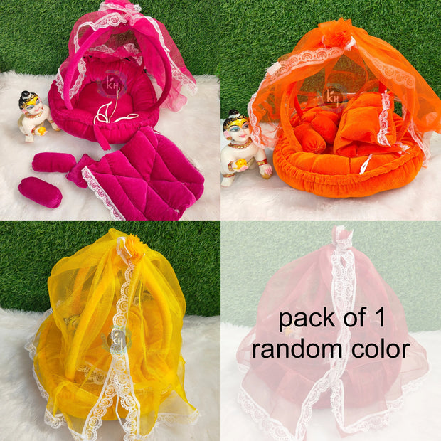 Winter mosquito net fluffy bister with rajai and pillow for laddu gopal ji pack of 1 (RANDOM COLOUR)
