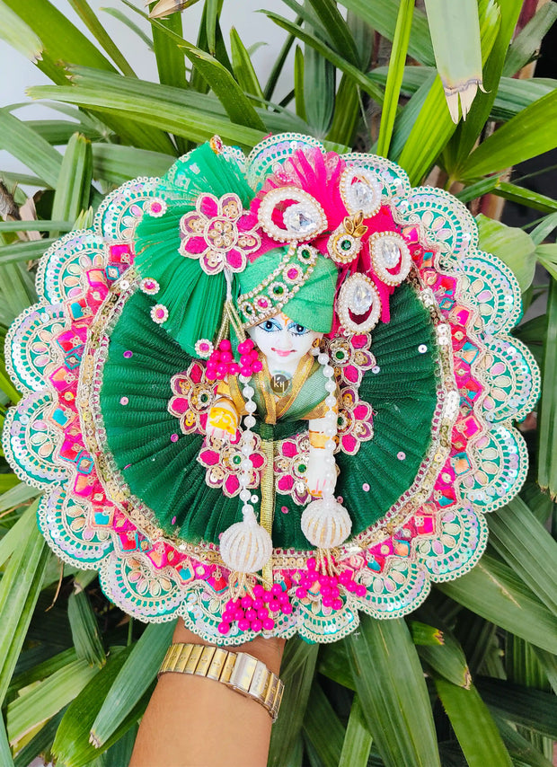 Teej special dress for Laddu Gopal in green and rani color Combination with pagdi patka and choli