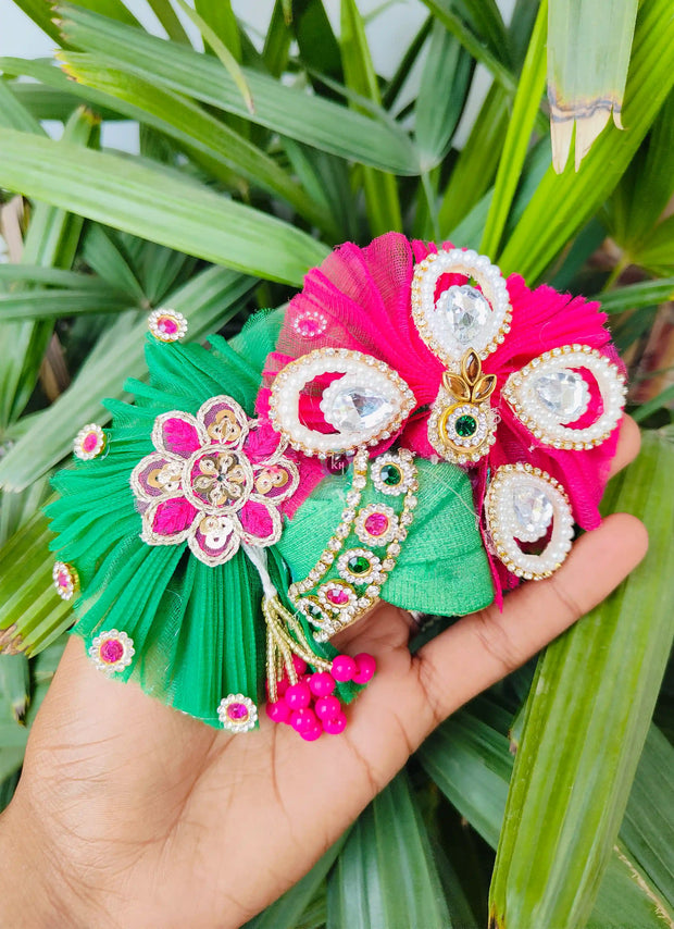 Teej special dress for Laddu Gopal in green and rani color Combination with pagdi patka and choli