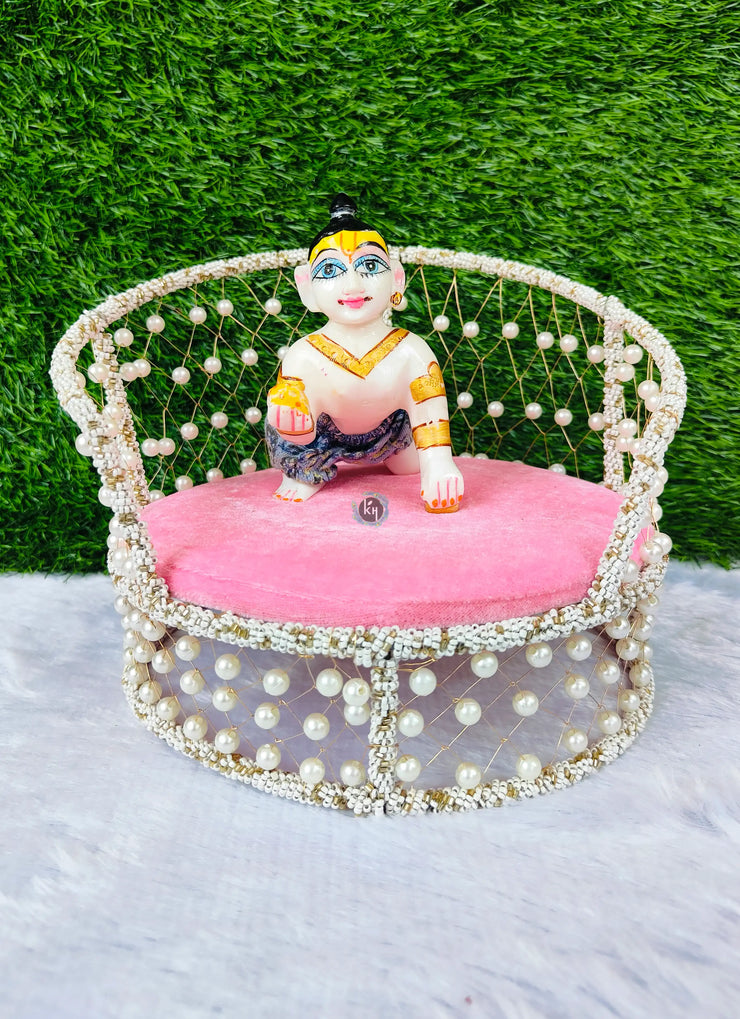 Pink Mattress with white moti sofa for laddu ji 